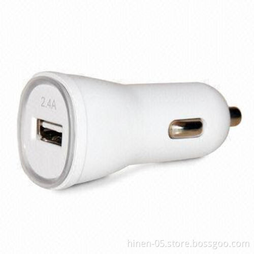 Car charger with 5V/2.4A output, shell is made of fireproof material